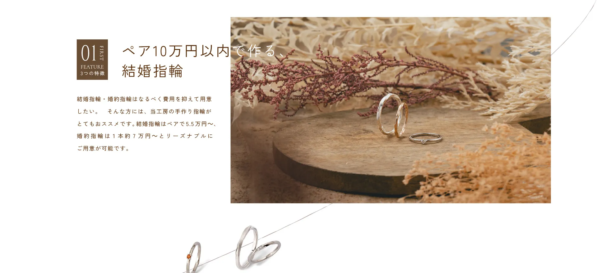 01 ペア10万円以内で作る、結婚指輪 : 結婚指輪・婚約指輪はなるべく費用を抑えて用意したい。そんな方には、当工房の手作り指輪がとてもおススメです。結婚指輪はペアで5.5万円～、婚約指輪は1本約7万円～とリーズナブルにご用意が可能です。